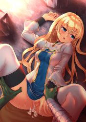 Rule 34 | .357-inch, 10s, 1boy, 1girl, arm grab, bad id, bad pixiv id, blonde hair, blue eyes, blush, boots, breasts, censored, clothes lift, colored skin, covered navel, cum, cum in pussy, dress, dress lift, frilled sleeves, frills, gem, goblin slayer!, green skin, highres, long hair, looking away, looking to the side, lying, medium breasts, mosaic censoring, on back, on floor, open mouth, orc, priestess (goblin slayer!), pussy, rock, solo focus, spread legs, sweat, tears, teeth, thigh boots, thighhighs