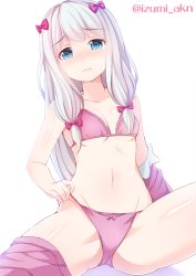 Rule 34 | 10s, 1girl, 3:, bikini, blue eyes, blush, bow, bow bikini, bow panties, bra, breasts, closed mouth, clothes pull, collarbone, embarrassed, eromanga sensei, groin, hair bow, izumi akane, izumi sagiri, light frown, long hair, looking at viewer, navel, nose blush, pajamas, panties, pink bow, pink bra, pink panties, shorts, shorts pull, simple background, sitting, small breasts, solo, swimsuit, tareme, thighs, twitter username, underwear, underwear only, white background, white hair