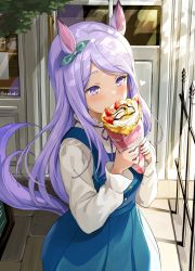 Rule 34 | 1girl, akamoku, animal ears, arms up, bad id, bad pixiv id, blue dress, bow, covering own mouth, cowboy shot, crepe, dress, food, fruit, hair bow, heart, highres, holding, horse ears, horse girl, horse tail, layered clothes, layered dress, long hair, long sleeves, mejiro mcqueen (umamusume), outdoors, purple eyes, purple hair, solo, strawberry, tail, umamusume