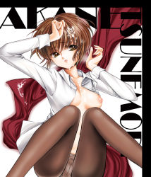 Rule 34 | 10s, 1girl, breasts, breasts out, brown eyes, brown hair, cameltoe, cum, cum on body, cum on hair, cum on upper body, dress shirt, female focus, nadi2697, nipples, open clothes, panties, pantyhose, psycho-pass, shirt, short hair, solo, tsunemori akane, underwear, white background