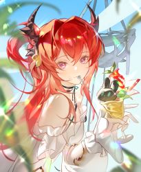 Rule 34 | 1girl, absurdres, arknights, bare shoulders, bikini, cup, detached sleeves, hair between eyes, hair intakes, hair rings, highres, holding, holding cup, horns, long hair, long sleeves, looking at viewer, mouth hold, purple eyes, red hair, solo, spoon, surtr (arknights), surtr (colorful wonderland) (arknights), swimsuit, tansuanmeizi, upper body