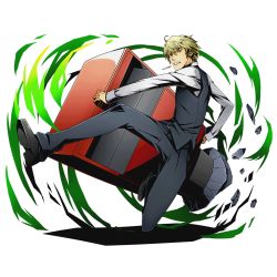 Rule 34 | 10s, 1boy, alpha transparency, blonde hair, brown eyes, clenched teeth, divine gate, durarara!!, full body, heiwajima shizuo, holding, male focus, official art, shadow, solo, teeth, transparent background, ucmm, uniform