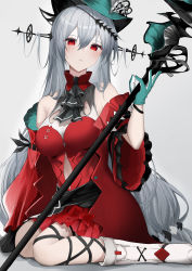 Rule 34 | 1girl, absurdres, aqua gloves, aqua hat, arknights, ascot, black ascot, boots, clothing cutout, commentary request, detached sleeves, dress, gloves, grey hair, hair between eyes, hair ornament, hat, hat ornament, highres, holding, holding staff, hyakutarou (momotar0 4), long hair, looking at viewer, navel cutout, official alternate costume, on floor, parted lips, partial commentary, red dress, red eyes, red sleeves, simple background, sitting, skadi (arknights), skadi the corrupting heart (arknights), solo, staff, very long hair, wariza, white background, white footwear