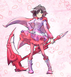 Rule 34 | 1girl, :&gt;, alternate color, black hair, blush, boots, branch, cape, cherry blossoms, corset, crescent rose, cross-laced footwear, full body, gradient hair, hand on own hip, highres, iesupa, multicolored hair, pantyhose, petals, ruby rose, rwby, scythe, solo, tree, wind, wind lift