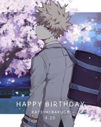 Rule 34 | 1boy, :|, bag, bakugou katsuki, bench, birthday, black outline, blazer, blonde hair, blue sky, blurry, blurry background, boku no hero academia, branch, bridge, cherry blossoms, cherry tree, closed mouth, coi mha, collared shirt, commentary, double horizontal stripe, eyebrows hidden by hair, falling petals, flower, foreground text, from behind, grey jacket, hair between eyes, hands in pockets, happy birthday, highres, jacket, lake, letterboxed, long sleeves, looking at viewer, looking back, male focus, mountain, night, outline, outside border, petals, pink flower, red eyes, school uniform, shirt, short hair, shoulder bag, sideways glance, sky, slit pupils, solo, spiked hair, standing, text focus, timestamp, turning head, u.a. school uniform, upper body, v-shaped eyebrows, white shirt