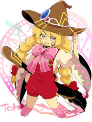 Rule 34 | 1girl, beryl benito, blonde hair, blush, braid, brown eyes, freckles, hat, long hair, open mouth, ribbon, tales of (series), tales of hearts, thighhighs, wide sleeves, witch hat