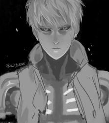 Rule 34 | 1boy, black background, black sclera, blonde hair, colored sclera, crack, cracked skin, cyborg, earrings, genos, greyscale, highres, hood, hoodie, jewelry, looking at viewer, male focus, mechanical, mechanical arms, monochrome, one-punch man, robot, short hair, single mechanical arm, solo, vest, vvv020vvv, yellow eyes