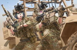 Rule 34 | 2girls, aiming, aircraft, airplane, assault rifle, belt, belt pouch, black hair, boots, camouflage, camouflage jacket, camouflage pants, commentary, contrail, desert camouflage, english commentary, fighter jet, firing, gloves, green eyes, gun, headset, helmet, highres, holding, holding weapon, jacket, jet, jpc, load bearing vest, magazine (weapon), military, military uniform, military vehicle, multiple girls, original, pants, pouch, purple eyes, reloading, rifle, safety glasses, scar l, scope, shell casing, suppressor, tactical clothes, trigger discipline, uniform, vehicle request, weapon, white hair