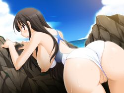 Rule 34 | 1girl, arched back, ass, beach, bent over, blue sky, blush, breasts, brown hair, censored, clothing aside, cloud, game cg, hanging breasts, koi to mizugi to taiyo to, large breasts, long hair, looking back, maejima aya, nipples, ocean, one-piece swimsuit, open mouth, outdoors, pussy, red eyes, rock, sky, sweat, swimsuit, swimsuit aside, water, waves