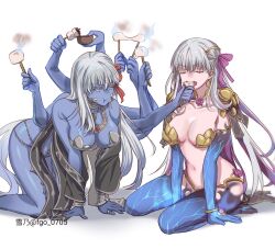 Rule 34 | 2girls, armlet, armor, bare shoulders, belly chain, bikini armor, blue eyes, blue hair, blue skin, body markings, bracelet, breasts, chakram, cleavage, collar, colored inner hair, colored skin, earrings, eating, extra arms, fate/grand order, fate (series), flower, food, gradient skin, hair ribbon, highres, jewelry, kali (fate), kama (fate), kama (third ascension) (fate), large breasts, large earrings, light blue hair, long hair, lotus, metal bracelet, metal collar, multicolored hair, multiple girls, navel, neck ring, necklace, open mouth, pink ribbon, pout, revealing clothes, ribbon, snake, starry hair, stomach, thighlet, thumb ring, two-tone hair, very long hair, weapon, white hair, yukino (stardust)