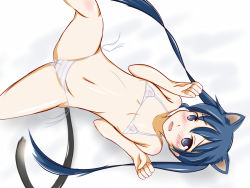 Rule 34 | 1girl, animal ears, bikini, blue eyes, blue hair, blush, breasts, cat ears, cat tail, embarrassed, from above, groin, kemonomimi mode, kin-iro mosaic, komichi aya, long hair, looking at viewer, lying, micro bikini, navel, nekotama09, nipples, on back, open mouth, paw pose, pussy, see-through, shadow, side-tie bikini bottom, small breasts, solo, spread legs, stomach, striped bikini, striped clothes, swimsuit, tail, twintails, wavy mouth, white background