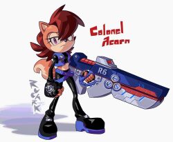 Rule 34 | 1girl, artist name, black shirt, blue jacket, brown fur, fingerless gloves, gloves, gun, half-closed eyes, highres, holding, holding gun, holding weapon, jacket, looking at viewer, pink eyes, red hair, redesign, rucark, sally acorn, serious, shirt, sonic (series), sonic the hedgehog (archie comics), weapon