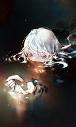 Rule 34 | 1girl, arknights, black theme, chinese commentary, commentary request, floating hair, hair between eyes, hands up, highres, long hair, night, night sky, partially submerged, red eyes, ripples, silver hair, skadi (arknights), sky, solo, star (sky), starry sky, water, yonghu pei yezi