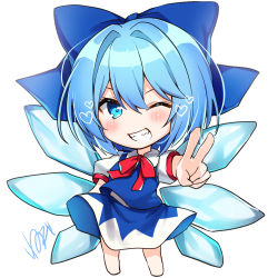 Rule 34 | 1girl, absurdres, artist name, bad id, bad pixiv id, barefoot, blue bow, blue eyes, blue hair, blue skirt, blue vest, blush, bow, bowtie, chibi, cirno, commentary request, grin, hair between eyes, hair bow, hair intakes, heart, heart-shaped pupils, highres, ice, ice wings, looking at viewer, nenobi (nenorium), one eye closed, puffy short sleeves, puffy sleeves, red bow, red bowtie, shirt, short hair, short sleeves, signature, simple background, skirt, skirt set, smile, solo, symbol-shaped pupils, touhou, translated, v, vest, white background, white shirt, wings