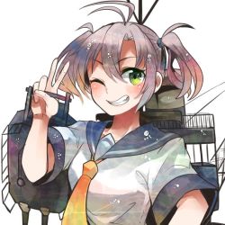 Rule 34 | 10s, 1girl, ;), antenna hair, arm up, bad id, bad twitter id, blouse, blush, cannon, collarbone, eyebrows, green eyes, hair intakes, hair ornament, holding, itomugi-kun, kantai collection, kinugasa (kancolle), looking at viewer, multicolored hair, necktie, one eye closed, purple hair, school uniform, serafuku, shirt, short hair, short sleeves, simple background, skirt, smile, solo, teeth, turret, twintails, upper body, white background, yellow necktie