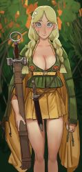 Rule 34 | 1girl, aged up, blonde hair, blue eyes, blush, braid, breasts, cleavage, closed mouth, flower, green jacket, hair flower, hair ornament, high-waist skirt, highres, jacket, large breasts, long hair, looking at viewer, miniskirt, mossacannibalis, robyn goodfellowe, scabbard, sheath, sheathed, skirt, smile, solo, sword, twin braids, weapon, wolfwalkers, yellow skirt