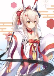 Rule 34 | 1girl, 2020, ayanami (azur lane), ayanami (pulse of the new year) (azur lane), azur lane, black skirt, blonde hair, blush, breasts, cleavage, commentary request, flower, hair between eyes, hair ribbon, headgear, highres, holding, holding brush, japanese clothes, kimono, long hair, long sleeves, looking at viewer, miniskirt, miso (misomiso 154), new year, painting (action), pleated skirt, ponytail, red eyes, red ribbon, ribbon, skindentation, skirt, small breasts, smile, solo, thighhighs, white kimono, white thighhighs, wide sleeves