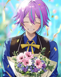 Rule 34 | 1boy, aqua hair, asymmetrical bangs, black vest, blurry, blurry background, blush, bouquet, closed eyes, collared shirt, commentary, confetti, earrings, facing viewer, flower, hk (wgyz7222), holding, holding bouquet, jewelry, kamishiro rui, long sleeves, male focus, neck ribbon, pink flower, project sekai, purple flower, purple hair, ribbon, shirt, short hair, smile, solo, teeth, upper body, vest, yellow ribbon