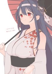Rule 34 | 1girl, black hair, breasts, dated, detached sleeves, floral print, fusou (kancolle), fusou kai ni (kancolle), headband, headgear, highres, japanese clothes, kantai collection, large breasts, long hair, oil-paper umbrella, one-hour drawing challenge, red eyes, red umbrella, satsuki tooka, simple background, smile, solo, umbrella, white background
