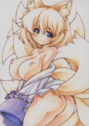 Rule 34 | 1girl, animal ears, ass, bare shoulders, blonde hair, blue eyes, blush, bottomless, breasts, breasts out, cleavage, collarbone, female focus, fox ears, fox tail, huge breasts, looking at viewer, marker (medium), multiple tails, nipples, no bra, no panties, off shoulder, puffy nipples, short hair, slit pupils, smile, solo, tail, topless, touhou, traditional media, yakumo ran, yutakasan-love