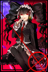Rule 34 | 1girl, black coat, black hair, black nails, black skirt, black thighhighs, blue flower, celestia ludenberg, claw ring, coat, danganronpa: trigger happy havoc, danganronpa (series), drill hair, earrings, floating hair, flower, frilled skirt, frills, gothic lolita, gradient hair, hair ribbon, highres, invisible chair, jewelry, kurozatou owata, lolita fashion, long hair, long sleeves, looking at viewer, maid headdress, miniskirt, multicolored hair, nail polish, necktie, open clothes, open coat, parted lips, petals, red eyes, red hair, red necktie, ribbon, shirt, sitting, skirt, smile, solo, thighhighs, twintails, two-tone hair, very long hair, white ribbon, white shirt
