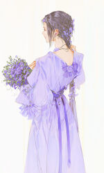 Rule 34 | 1girl, black hair, bouquet, bow, closed mouth, dress, dress bow, earrings, flower, flower necklace, hands up, holding, holding bouquet, ibuki satsuki, jewelry, lilac, long hair, nape, necklace, original, ponytail, profile, purple bow, purple dress, purple flower, purple ribbon, ribbon, single sidelock, solo, standing