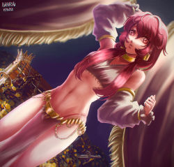 Rule 34 | 1boy, absurdres, anamnesisarts, arm up, artist name, chain, coin, collar, crown, dancer, dated, detached sleeves, earrings, gold, gold coin, hair between eyes, highres, jewelry, looking at viewer, midriff, navel, original, pink eyes, pink hair, solo, sword, trap, watermark, weapon