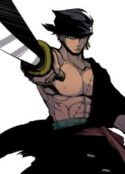 Rule 34 | 1boy, bandana, earrings, haramaki, jewelry, m mym, male focus, muscular, one-eyed, one piece, open clothes, open shirt, robe, roronoa zoro, sash, scar, shirt, simple background, solo, sword, weapon