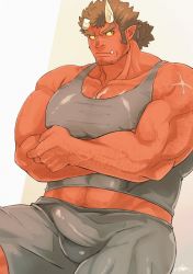 Rule 34 | 1boy, arm hair, bara, bare shoulders, broken horn, bulge, chest hair, colored sclera, colored skin, crossed arms, erection, erection under clothes, facial hair, fang, grey shorts, grey tank top, harada (basashi), horns, large pectorals, long sideburns, looking to the side, male focus, mature male, midriff peek, muscular, muscular male, navel hair, oni horns, orgus (f-kare), orgus (f-kare), pectoral cleavage, pectorals, pointy ears, red oni (housamo), red skin, scar, scar on chest, short hair, shorts, shoukan yuusha to f-kei kareshi, sideburns, sitting, solo, stubble, tank top, thick eyebrows, thick thighs, thighs, tokyo houkago summoners, yellow sclera