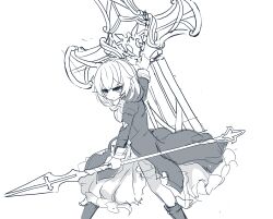 1girl absurdres arm_up boots closed_mouth commentary dress english_commentary feet_out_of_frame greyscale hair_over_shoulder highres holding holding_polearm holding_weapon honkai_(series) honkai_impact_3rd long_hair long_sleeves monochrome polearm simple_background sketch solo spear standing theresa_apocalypse theresa_apocalypse_(valkyrie_pledge) torn_clothes torn_dress v-shaped_eyebrows weapon white_background xtacy