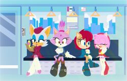 Rule 34 | 4girls, amy rose, animal ears, applying makeup, bad id, bad twitter id, bat ears, bat girl, blaze the cat, blue eyes, blue eyeshadow, blue footwear, cat ears, cat girl, cat tail, cellphone, closed eyes, coat, crossed legs, cup, drinking straw, eyelashes, eyeshadow, forehead jewel, fur-trimmed gloves, fur trim, furry, furry female, gloves, hairband, heart, highres, janapotato, lipstick, makeup, multiple girls, phone, pink fur, purple fur, red footwear, red hairband, rouge the bat, sally acorn, sitting, sonic (series), sonic the hedgehog (archie comics), squirrel girl, tail, topknot, train interior, white footwear, white gloves