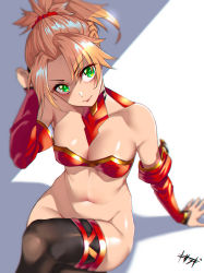 Rule 34 | 1girl, absurdres, arm at side, arm support, armor, bare shoulders, bikini, bikini top only, black thighhighs, blonde hair, blush, bottomless, braid, breasts, collarbone, commentary request, cowboy shot, crossed legs, eyes visible through hair, fate/apocrypha, fate/grand order, fate (series), french braid, from above, green eyes, hair ornament, hair scrunchie, highres, hip focus, kisaragi tsurugi, long hair, looking at viewer, messy hair, mordred (fate), mordred (fate/apocrypha), navel, no panties, ponytail, red bikini, red scrunchie, scrunchie, shiny skin, signature, sitting, small breasts, solo, spiked hair, swimsuit, thighhighs, thighs