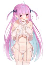Rule 34 | ahoge, alternate costume, armpit crease, averting eyes, bare shoulders, black bow, blue hair, blue nails, blunt bangs, blush, bow, braid, breasts, colored inner hair, commentary request, cowboy shot, detached sleeves, embarrassed, fingernails, flying sweatdrops, french braid, garter straps, gluteal fold, hair bow, halterneck, hands on own chest, highres, hololive, large breasts, leaning forward, long hair, looking to the side, meme attire, minato aqua, multicolored hair, nail polish, navel, panties, parted hair, parted lips, purple eyes, purple hair, ribbon, shokorate, side-tie panties, side braid, simple background, skindentation, sleeveless, sleeves past wrists, straight-on, streaked hair, string panties, sweat, sweater, thighhighs, two-tone hair, two side up, underboob, underwear, very long hair, virgin destroyer sweater, virtual youtuber, white background, white panties, white ribbon, white sweater, white thighhighs