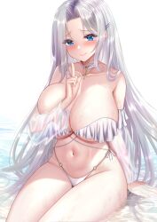 Rule 34 | 1girl, azur lane, bare shoulders, bikini, blue eyes, blush, breasts, choker, cleavage, closed mouth, collarbone, commentary request, cross, cross choker, frilled bikini, frills, groin, hair ornament, hairclip, hand up, highres, huge breasts, index finger raised, long hair, looking at viewer, navel, official alternate costume, parted bangs, see-through, see-through sleeves, side-tie bikini bottom, sidelocks, simple background, sitting, skindentation, slingshot swimsuit, smile, solo, stomach, studiopokotan, swimsuit, very long hair, water, white background, white bikini, white choker, white hair, yorktown (azur lane), yorktown ii (azur lane), yorktown ii (bright-sky mermaid) (azur lane)