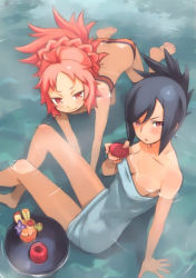 Rule 34 | 2girls, :3, :o, age difference, alcohol, all fours, alternate costume, alternate hairstyle, antenna hair, apple, arm support, bandeau, barefoot, bikini, black hair, blush, braid, breasts, cherry, cleavage, cup, dimples of venus, drink, feet, flat chest, folded ponytail, food, french braid, from above, fruit, hair up, holding, kiyora, kiyora (sacred blaze), kuroboshi kouhaku, lime (fruit), looking at viewer, medium breasts, multiple girls, naked towel, official art, onsen, open mouth, orange (fruit), partially submerged, pink eyes, pink hair, red eyes, sacred blaze, sakazuki, sake, shamana, shamana (sacred blaze), short hair, sitting, small breasts, smile, swept bangs, swimsuit, towel, tray, v arms, wading, water