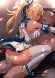 Rule 34 | 1boy, 1girl, ass, bald, blue bow, blue footwear, blush, bow, breasts, closed eyes, clothed female nude male, clothed sex, cowgirl position, dark-skinned female, dark-skinned male, dark skin, dress, elf, faceless, faceless male, from side, garter straps, grabbing, grabbing another&#039;s breast, hair bow, hetero, highres, hololive, indoors, inukai mofu, long hair, medium breasts, no panties, nude, open mouth, pointy ears, ponytail, profile, sex, shiranui flare, shiranui flare (1st costume), straddling, thighhighs, upright straddle, virtual youtuber, white dress, white thighhighs