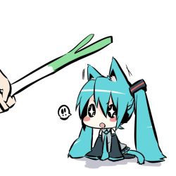 Rule 34 | !, !!, + +, 1girl, animal ears, aqua hair, bad id, bad pixiv id, blush stickers, cat ears, cat tail, chibi, detached sleeves, hatsune miku, kemonomimi mode, long hair, mizuki (koko lost), necktie, simple background, sitting, skirt, solo, spring onion, tail, thighhighs, twintails, very long hair, vocaloid