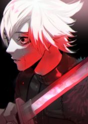 Rule 34 | 1boy, black background, character request, check character, collared shirt, crying, crying with eyes open, flipped hair, fur trim, hand up, highres, holding, holding sword, holding weapon, looking away, male focus, nansen ichimonji, pale skin, red eyes, red theme, serota, sheath, shirt, simple background, solo, streaming tears, sword, tears, touken ranbu, unsheathing, upper body, weapon, white hair
