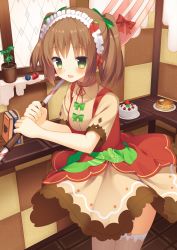 Rule 34 | 1girl, :d, bad id, bad pixiv id, bakery, blueberry, blush, book, bow, breasts, brown dress, brown hair, brown shirt, brown thighhighs, butter, cake, checkered wall, clover, commentary request, cowboy shot, dress, food, food-themed hair ornament, four-leaf clover, fruit, green bow, green eyes, hair bow, hair ornament, holding, indoors, looking at viewer, maid headdress, multicolored clothes, multicolored dress, neck ribbon, open mouth, original, pancake, pancake stack, plant, potted plant, red dress, red ribbon, ribbon, shirt, shop, short hair, short sleeves, short twintails, small breasts, smile, solo, standing, strawberry, strawberry hair ornament, striped clothes, striped thighhighs, thighhighs, twintails, undershirt, usagino suzu, vertical-striped clothes, vertical-striped thighhighs, window