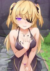 Rule 34 | 1girl, babydoll, bare arms, bare shoulders, black nails, black ribbon, blonde hair, blush, breasts, censored, collarbone, commentary, dress, earrings, english text, eyepatch, fischl (genshin impact), genshin impact, glowing, glowing eye, grass, hair ribbon, heart, heart-shaped pupils, highres, holding, holding leash, hoop earrings, hypnosis, jewelry, leash, long hair, looking at viewer, medium breasts, mind control, nail polish, navel piercing, nipple piercing, outdoors, piercing, purple eyes, pussy, ribbon, smile, solo, symbol-shaped pupils, tattoo, two side up, vahn yourdoom, watermark, web address
