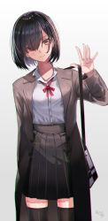 Rule 34 | 1girl, adjusting strap, artist name, bag, black hair, black skirt, black thighhighs, bob cut, bow, brown jacket, closed mouth, coat, commentary, cowboy shot, dress shirt, english commentary, hair over one eye, hair strand, hand up, head tilt, highres, jacket, light blush, long bangs, long sleeves, looking at viewer, neck ribbon, open clothes, open jacket, original, pleated skirt, red bow, red ribbon, ribbon, rur (ml ruru), school bag, school uniform, shirt, short hair, signature, skirt, solo, thighhighs, toggles, trench coat, white background, white shirt, yellow eyes, zettai ryouiki