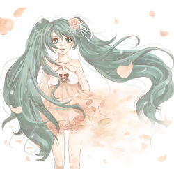 Rule 34 | 1girl, aqua eyes, aqua hair, bad id, bad pixiv id, dress, female focus, flower, gradient background, hair flower, hair ornament, hatsune miku, layla (artist), layla (coco&amp;chic), lips, long hair, own hands clasped, own hands together, pale color, petals, rose, solo, twintails, very long hair, vocaloid, white background