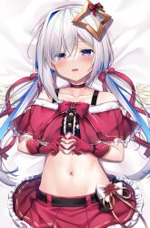 Rule 34 | 1girl, amane kanata, angel wings, asymmetrical hair, bare shoulders, bed, bed sheet, blue hair, blush, choker, christmas, collarbone, flower, gloves, halo, highres, holoforce, hololive, long hair, looking at viewer, low twintails, lying, multicolored hair, navel, off shoulder, on back, purple eyes, red gloves, red ribbon, red skirt, ribbon, shimo (shimo332215), single hair intake, skirt, solo, star halo, streaked hair, twintails, two-tone hair, upper body, virtual youtuber, white hair, white wings, wings