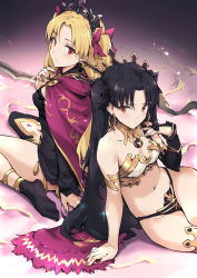 Rule 34 | 2girls, arm support, armlet, asymmetrical legwear, back-to-back, bare shoulders, bikini, black bikini, black bridal gauntlets, black dress, black hair, black legwear, black ribbon, blonde hair, blush, breasts, bridal gauntlets, cleavage, cloak, closed mouth, crown, dress, earrings, ereshkigal (fate), expressionless, fate/grand order, fate (series), from above, gold trim, hair ribbon, hand on own chest, hand up, haoni, hood, hooded cloak, hoodie, hoop earrings, ishtar (fate), jewelry, long hair, long sleeves, looking at viewer, looking back, looking up, medium breasts, midriff, multiple girls, nail polish, navel, parted bangs, parted lips, red eyes, red ribbon, revealing clothes, ribbon, serious, short dress, single bridal gauntlet, single thighhigh, sitting, small breasts, sparkle, straight hair, strapless, strapless bikini, swimsuit, thighhighs, thighlet, tiara, tohsaka rin, two side up, type-moon, uneven legwear, very long hair, wariza, white bikini, yokozuwari
