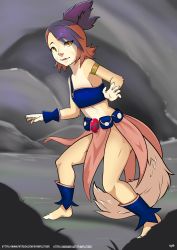 Rule 34 | 1girl, absurdres, armlet, belt pouch, brown hair, closed mouth, from behind, highres, looking at viewer, looking back, multicolored hair, pouch, purple hair, short hair, skirt, solo, standing, synnfultiger, tail, thundercats, two-tone hair, wilykit, yellow eyes