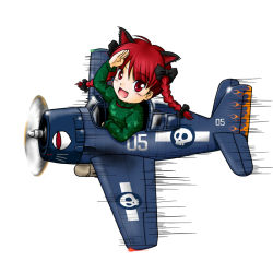 Rule 34 | 1girl, :d, aircraft, airplane, animal ears, braid, cat ears, cat girl, commentary, extra ears, f6f hellcat, fang, female focus, grumman f6f, kaenbyou rin, military, open mouth, red eyes, red hair, sakurato tsuguhi, salute, smile, solo, touhou, twin braids, vehicle focus, world war ii
