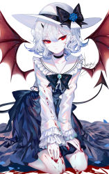 Rule 34 | 1girl, black bow, black choker, blood, blue flower, blue rose, blue skirt, bow, brooch, choker, commentary, demon tail, demon wings, flower, frilled shirt collar, frills, hair between eyes, hat, hat bow, hat flower, highres, horns, jewelry, long sleeves, looking at viewer, nail polish, original, pointy ears, red eyes, red nails, rose, seiza, sheya, shirt, short hair, silver hair, simple background, sitting, skirt, solo, tail, white background, white hat, white shirt, wings