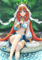 Rule 34 | 1girl, absurdres, aqua eyes, arm support, bare legs, blue skirt, breasts, brooch, circlet, closed mouth, crop top, darkmuleth, feet out of frame, genshin impact, gold trim, highres, horns, jewelry, long hair, long sleeves, looking at viewer, medium breasts, navel, neck ring, nilou (genshin impact), parted bangs, puffy long sleeves, puffy sleeves, red hair, sidelocks, sitting, skirt, smile, soaking feet, solo, stomach, thighlet, thighs, twintails, vambraces, veil, very long hair, water