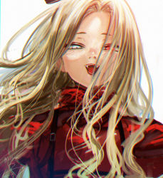 Rule 34 | 1girl, backlighting, blonde hair, blush, dress, fangs, floating hair, heterochromia, highres, isshiki (ffmania7), long hair, looking at viewer, open mouth, original, red dress, red eyes, short eyebrows, simple background, smile, solo, teeth, upper body, vampire, white eyes