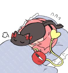 Rule 34 | 2girls, animal, animal on face, animal on head, bad id, bad pixiv id, black cat, black eyes, black hairband, blush, bow, cat, closed eyes, commentary request, ear bow, eyeball, futon, hair ornament, hairband, heart, heart hair ornament, kaenbyou rin, kaenbyou rin (cat), komeiji satori, multiple girls, multiple tails, noai nioshi, on head, open mouth, pink hair, red bow, short hair, sleeping, smile, tail, third eye, touhou, translation request, two tails, under covers